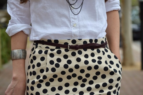 linen shirt and polka dot skirt